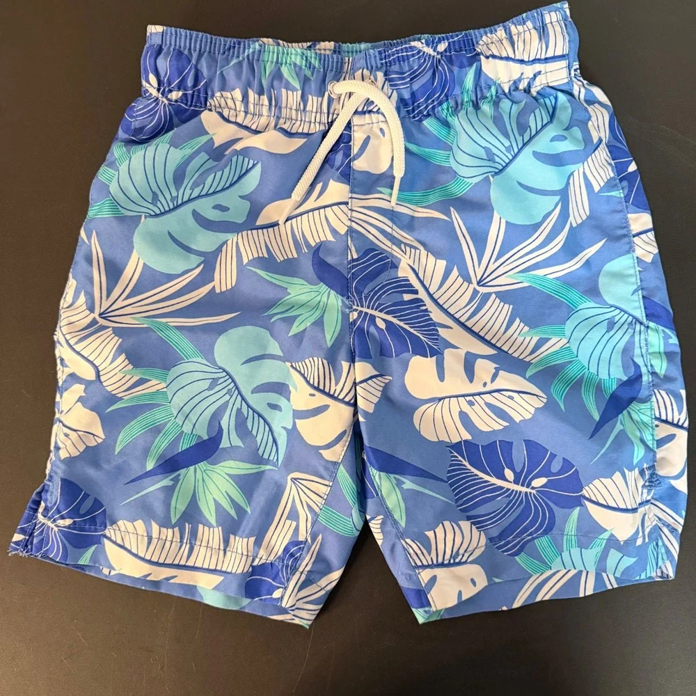 Childrens Place Sport Swim Trunks Kids Medium 7/8 Blue Green Good Tropical 2pk